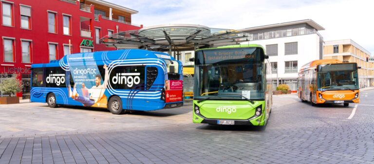Vier DINGO-Stadtbusse nebeneinander an der Haltestelle