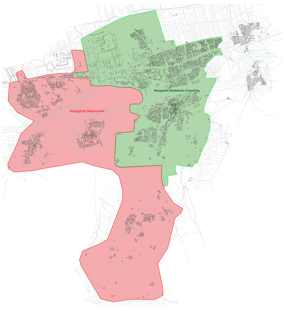 Karte des Stromnetzgebiets: Netzgebiet Stadtwerke Dingolfing (grün) und Netzgebiet Bayernwerk (rot)