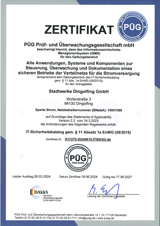 Zertifikat der PÜG zum IT-Sicherheitskatalog gem. § 11 Abs. 1a EnWG, gültig bis 18.06.2027