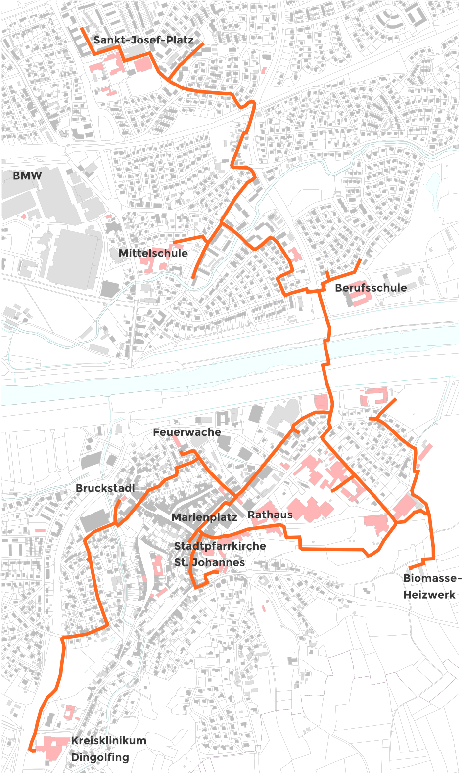 Übersichtsplan des Fernwärmenetzes durch die Dingolfinger Innenstadt bis zum Biomasse-Heizwerk