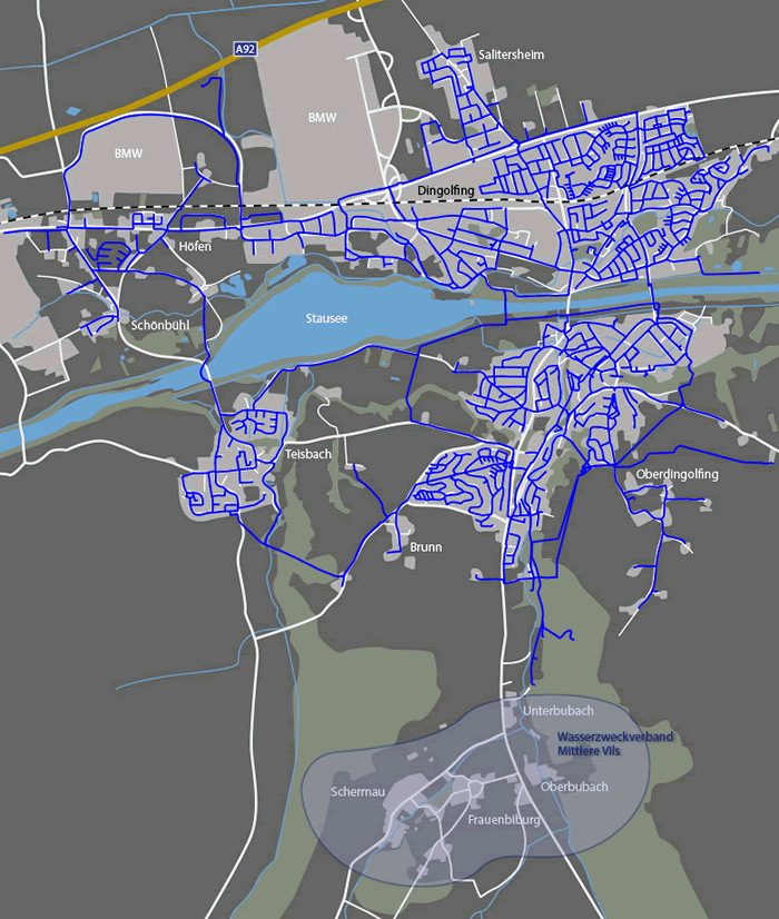 Karte des Wasserversorgungsgebiets Dingolfing und Umgebung (Datenstand 2015)