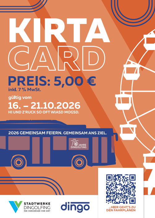 Plakat Kirta Card: Preis 5,00 € inkl. 7 % MwSt., gültig vom 16. bis 21.10.2026, „Hi und z’ruck so oft wiasd mogsd“, mit QR-Code zu den Fahrplänen